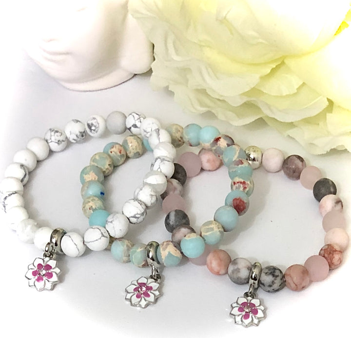 Silver Lotus - Dangle Charm - Gemstone Bracelet - Choice of Gemstone