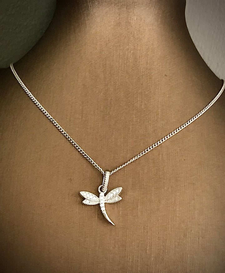 Sterling Silver - Pavé Dragonfly Charm Necklace - 16" chain