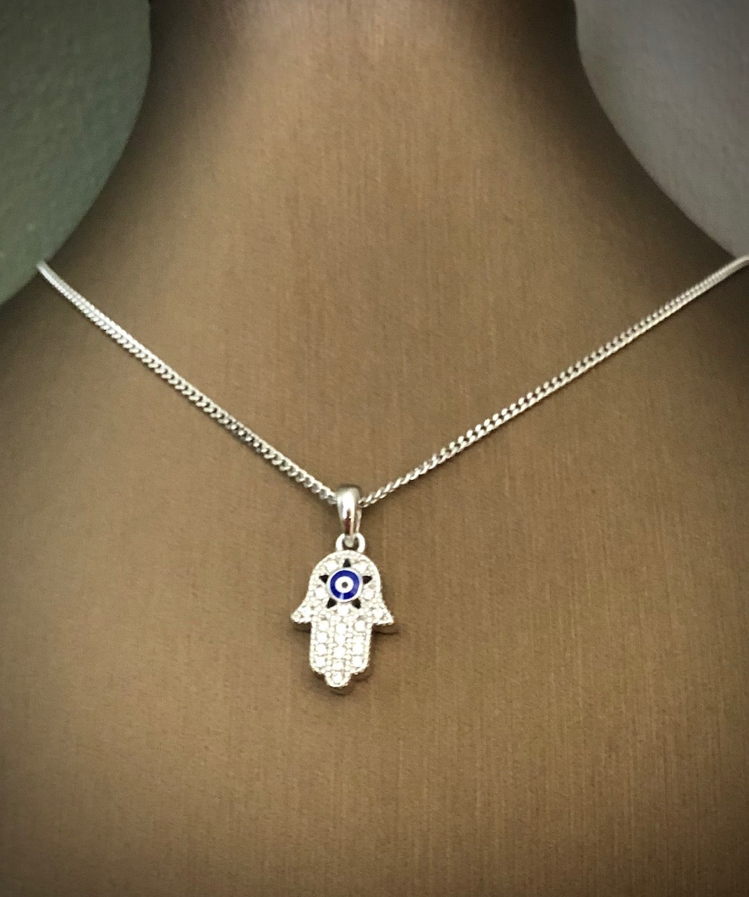 Sterling Silver - Pavé Hamsa & Evil Eye Charm Necklace - 16" chain