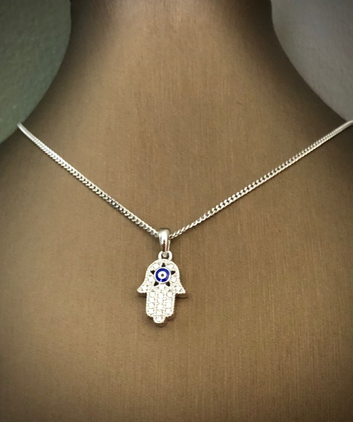 Sterling Silver - Pavé Hamsa & Evil Eye Charm Necklace - 16" chain
