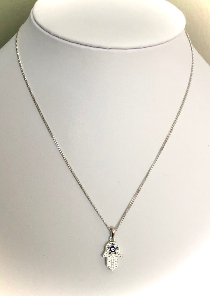 Sterling Silver - Pavé Hamsa & Evil Eye Charm Necklace - 16" chain