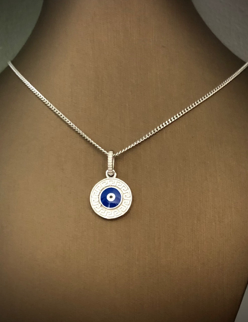 Sterling Silver - Round Evil Eye Charm Necklace - 16" chain
