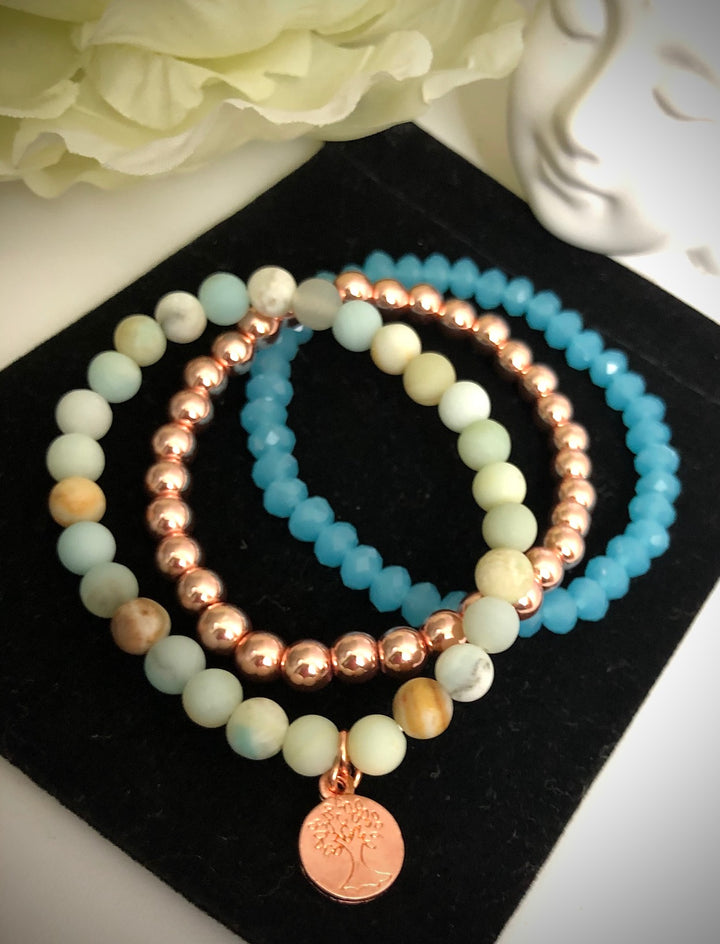 Rose Gold Tree of Life - Amazonite & Hematite Bracelet Set - Set of 3 Bracelets