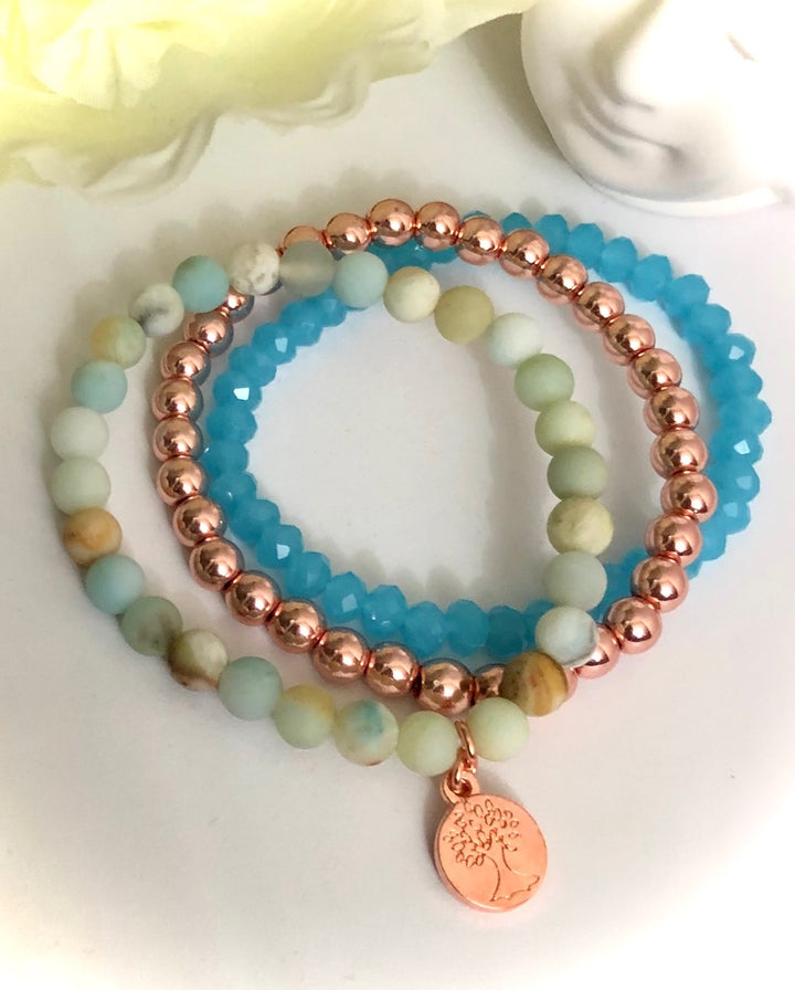 Rose Gold Tree of Life - Amazonite & Hematite Bracelet Set - Set of 3 Bracelets