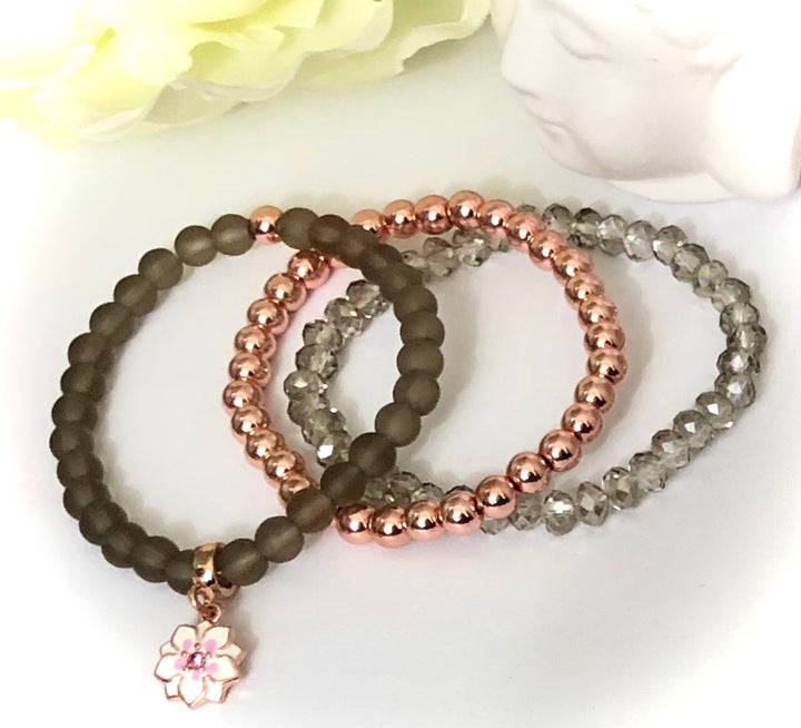 'Lotus Rising' Rose Gold Charm Bracelet Set- Smokey Quartz & Rose Gold Hematite - SET of 3 Bracelets