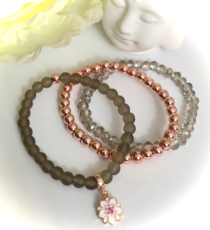 'Lotus Rising' Rose Gold Charm Bracelet Set- Smokey Quartz & Rose Gold Hematite - SET of 3 Bracelets