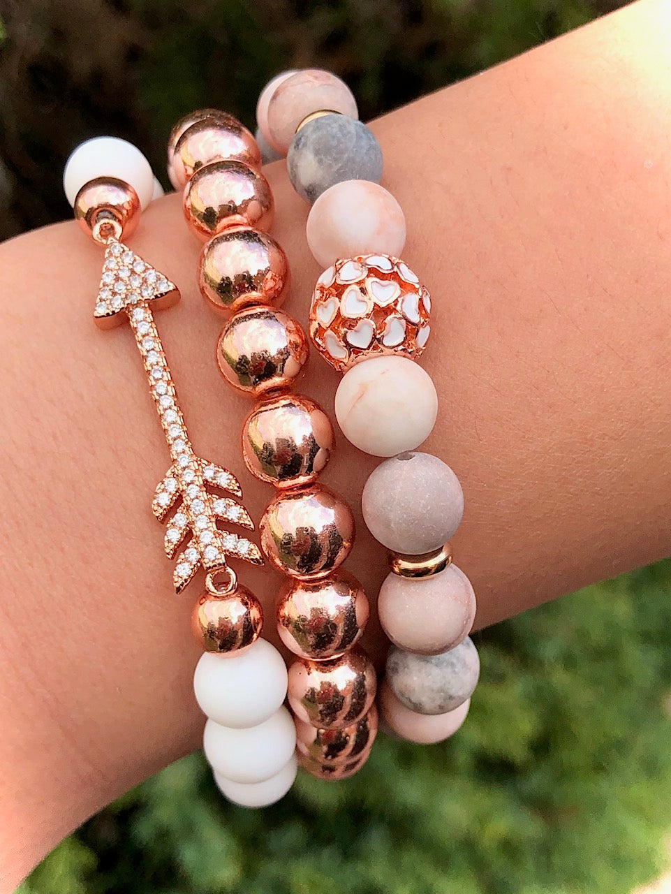 Set of 2 beaded bracelets. Peach Moonstone & Grey on sale Agate with pave gunmetal accents