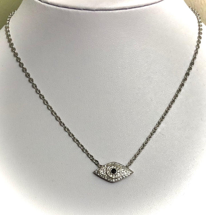 Evil Eye Pavé Necklace - Stainless Steel Chain - 16" (+2 inch extender)