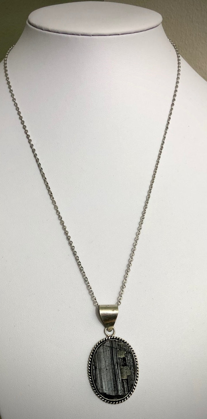 Black Tourmaline- Detailed Framed Pendant - Long Necklace - One of a Kind