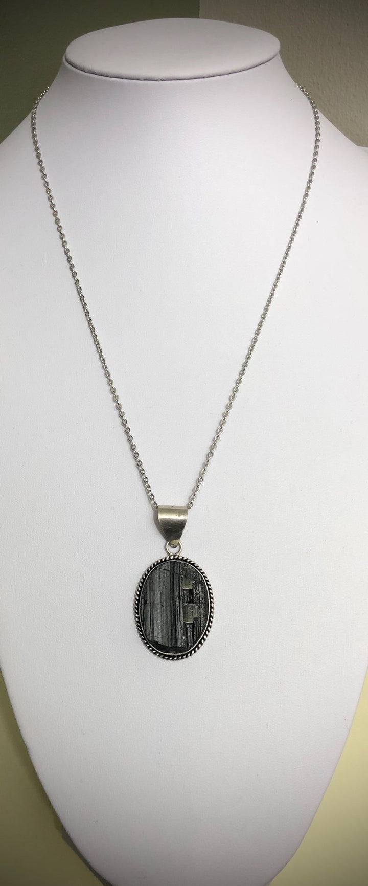 Black Tourmaline- Detailed Framed Pendant - Long Necklace - One of a Kind