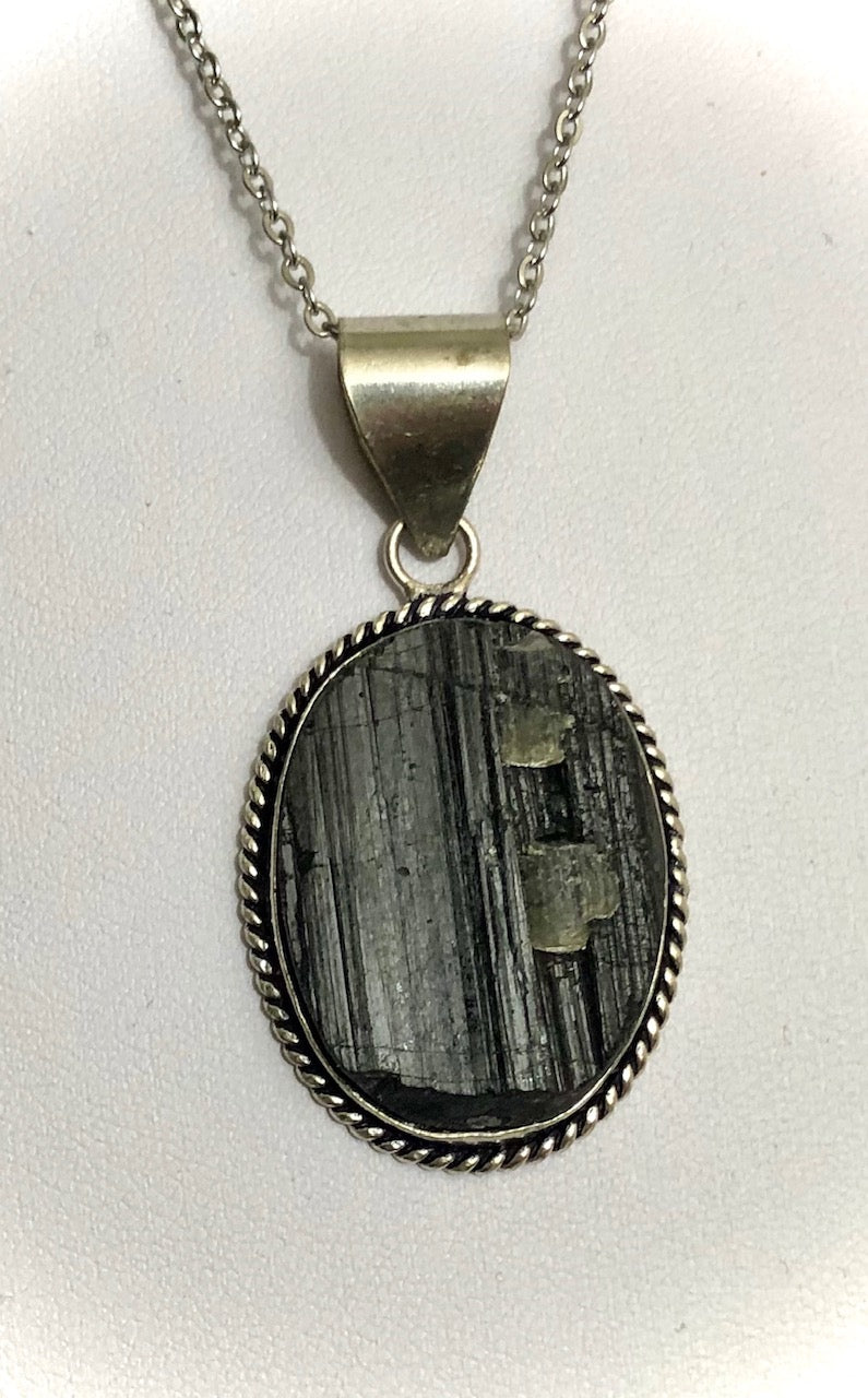 Black Tourmaline- Detailed Framed Pendant - Long Necklace - One of a Kind