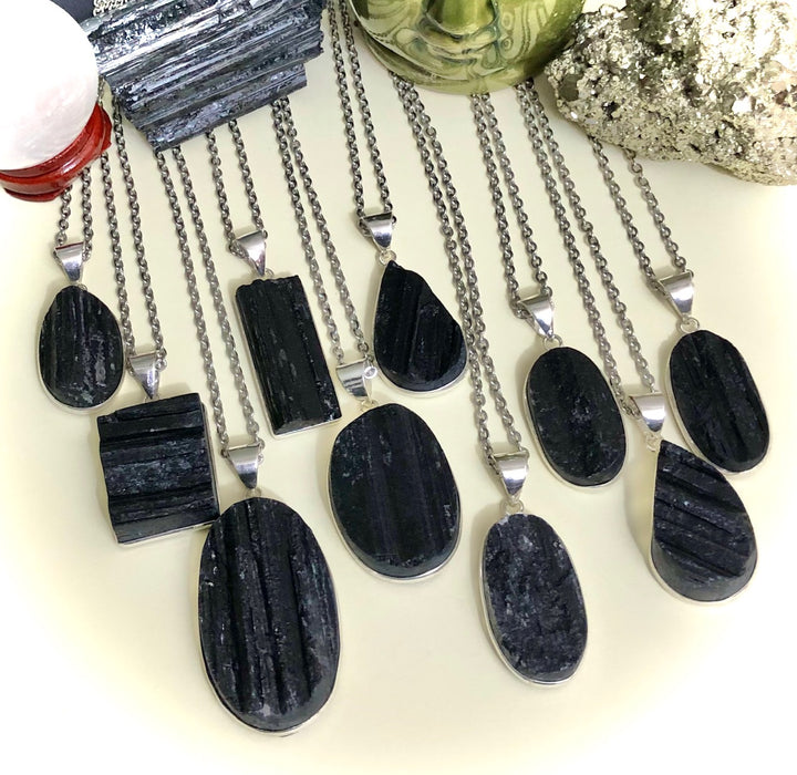 Raw Black Tourmaline Framed Pendant Necklace - Choice of Pendant - One of a Kind