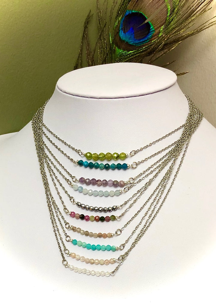 Dainty Minimalist Gemstone Stacking Bar Necklace - Choice of Gemstone-Stainless Steel Chain-15.5" (+2 inch extender)