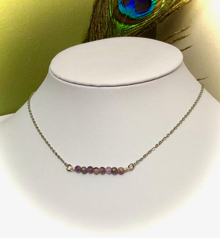 Dainty Minimalist Gemstone Stacking Bar Necklace - Choice of Gemstone-Stainless Steel Chain-15.5" (+2 inch extender)