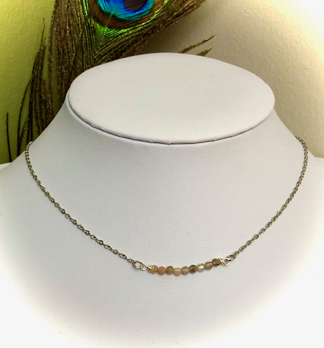 Dainty Minimalist Gemstone Stacking Bar Necklace - Choice of Gemstone-Stainless Steel Chain-15.5" (+2 inch extender)