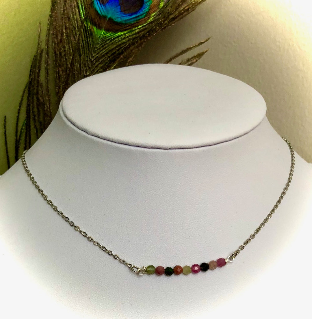Dainty Minimalist Gemstone Stacking Bar Necklace - Choice of Gemstone-Stainless Steel Chain-15.5" (+2 inch extender)