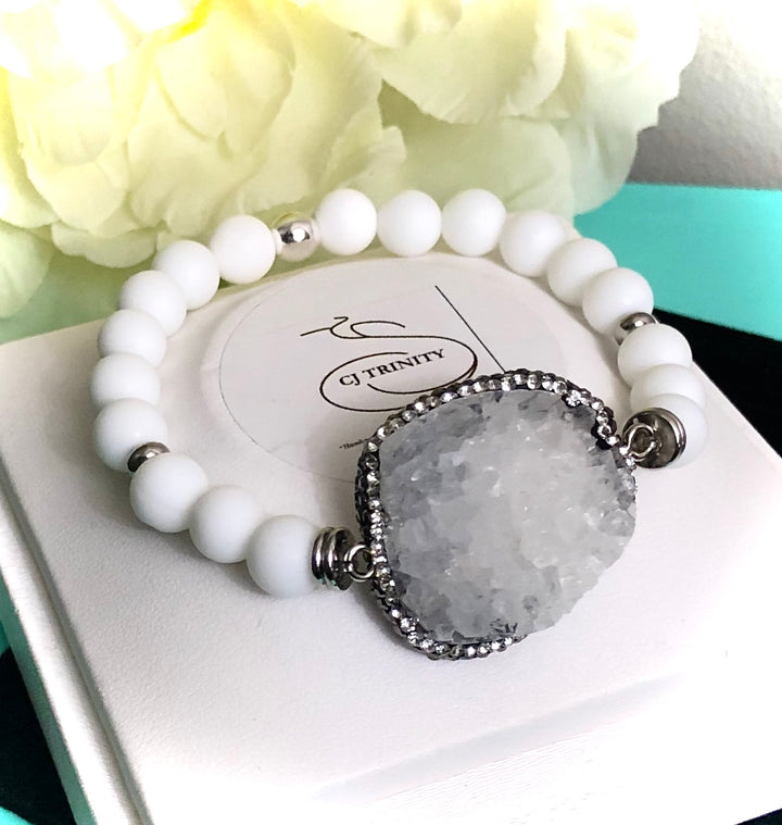Pavé White Druzy & Tridacna Gemstone Bracelet-Statement Bracelet-One of a Kind