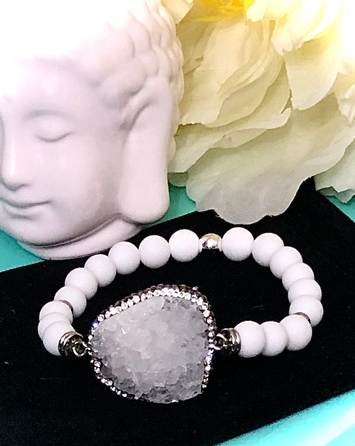 Pavé White Druzy & Tridacna Gemstone Bracelet-Statement Bracelet-One of a Kind