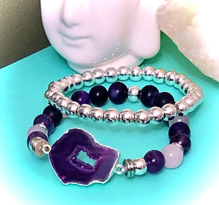 Purple Agate, Amethyst & Rose Quartz-Statement Bracelet-One of a Kind-Bracelets Sold Separately