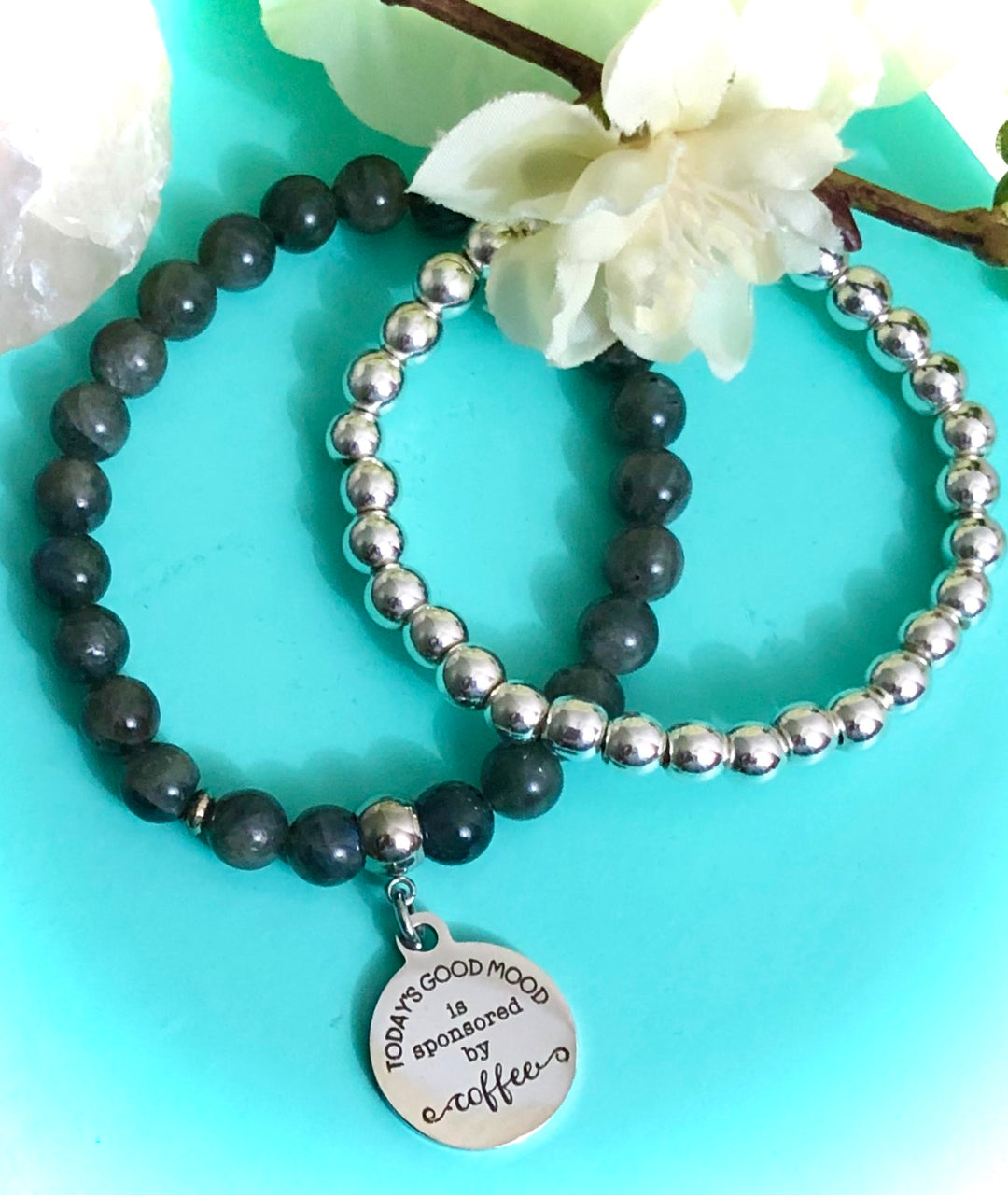 'Today's Good Mood is Sponsored By Coffee' - Gemstone Charm Bracelet - Choice of Gemstone - Sold Separately