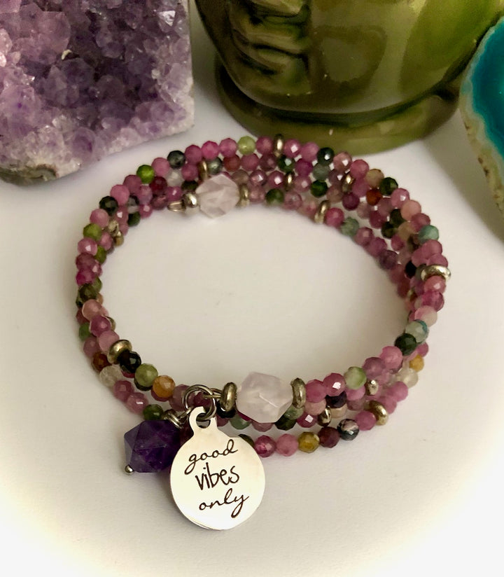 'Good Vibes Only'- Multi-Color Tourmaline, Rose Quartz & Amethyst Wrap Bracelet- One-of-a-Kind