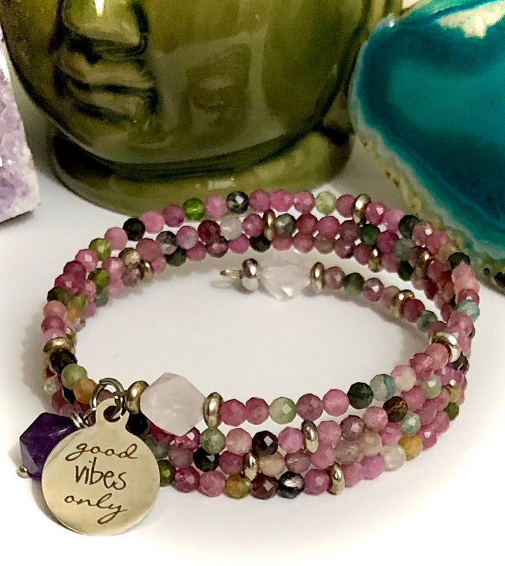 'Good Vibes Only'- Multi-Color Tourmaline, Rose Quartz & Amethyst Wrap Bracelet- One-of-a-Kind