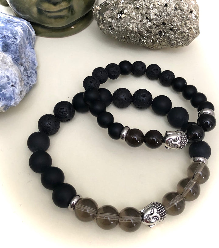'Daddy & Me' - Matching Smokey Quartz, Onyx & Lava Gemstone Bracelets-Sold as a SET or Separately