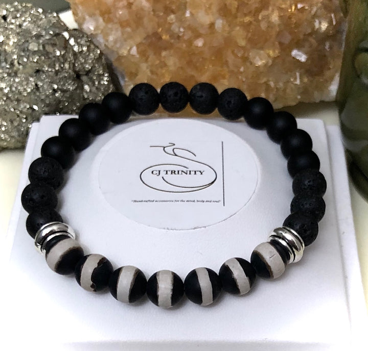 'Daddy & Me'-Matching Black & White Agate, Onyx & Lava Gemstone Bracelets-Sold as a SET or Separately