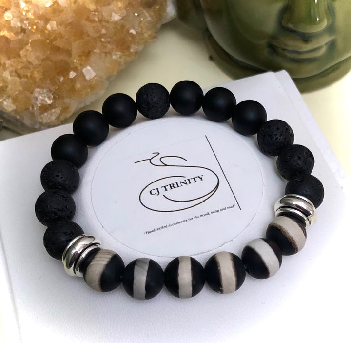 'Daddy & Me'-Matching Black & White Agate, Onyx & Lava Gemstone Bracelets-Sold as a SET or Separately