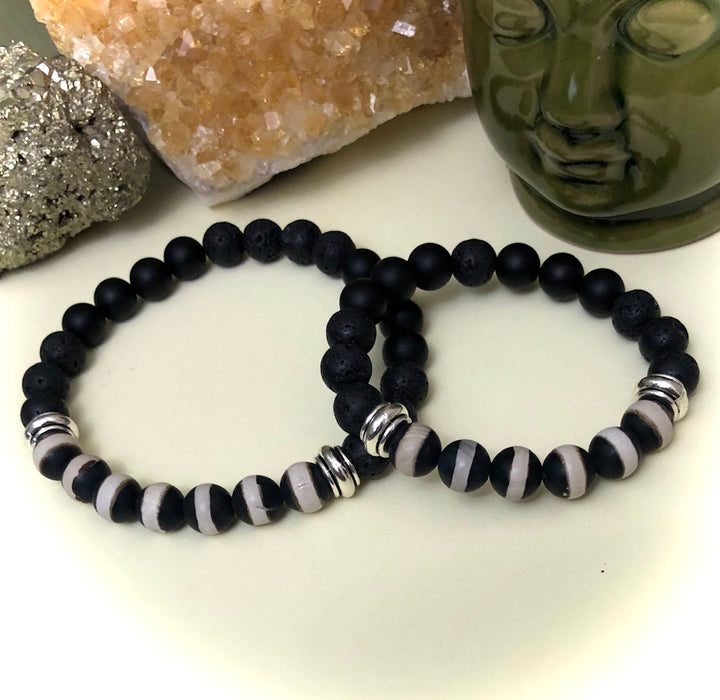 'Daddy & Me'-Matching Black & White Agate, Onyx & Lava Gemstone Bracelets-Sold as a SET or Separately