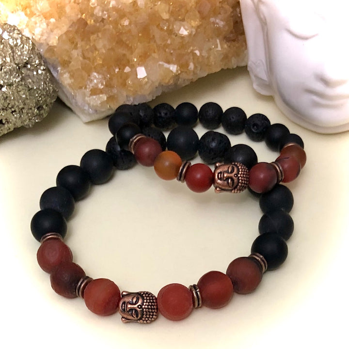 'Daddy & Me' - Matching Red Agate, Onyx & Lava Gemstone Bracelets-Sold as a SET or Separately