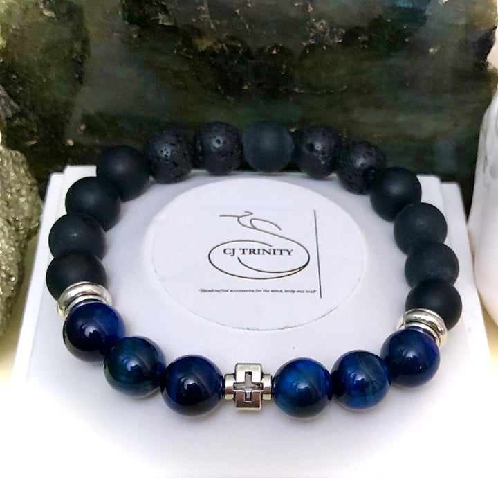 'Daddy & Me' - Matching Blue Tiger's Eye, Onyx & Lava Gemstone Bracelets-Sold as a SET or Separately