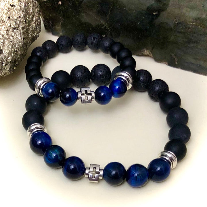 'Daddy & Me' - Matching Blue Tiger's Eye, Onyx & Lava Gemstone Bracelets-Sold as a SET or Separately