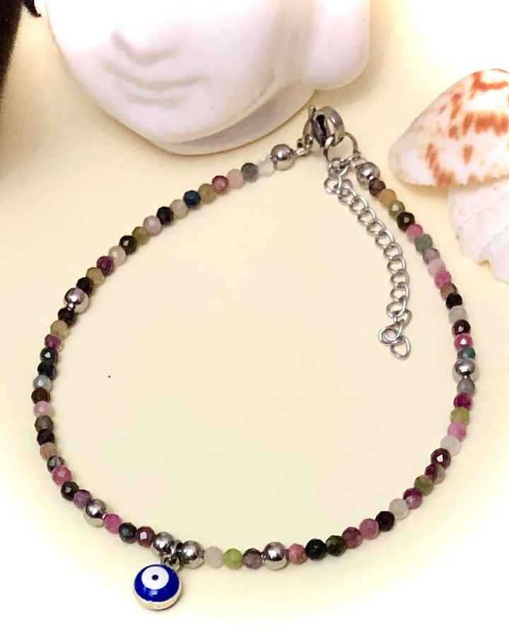 Dainty ANKLET-Multi-Color Tourmaline with Evil Eye Charm