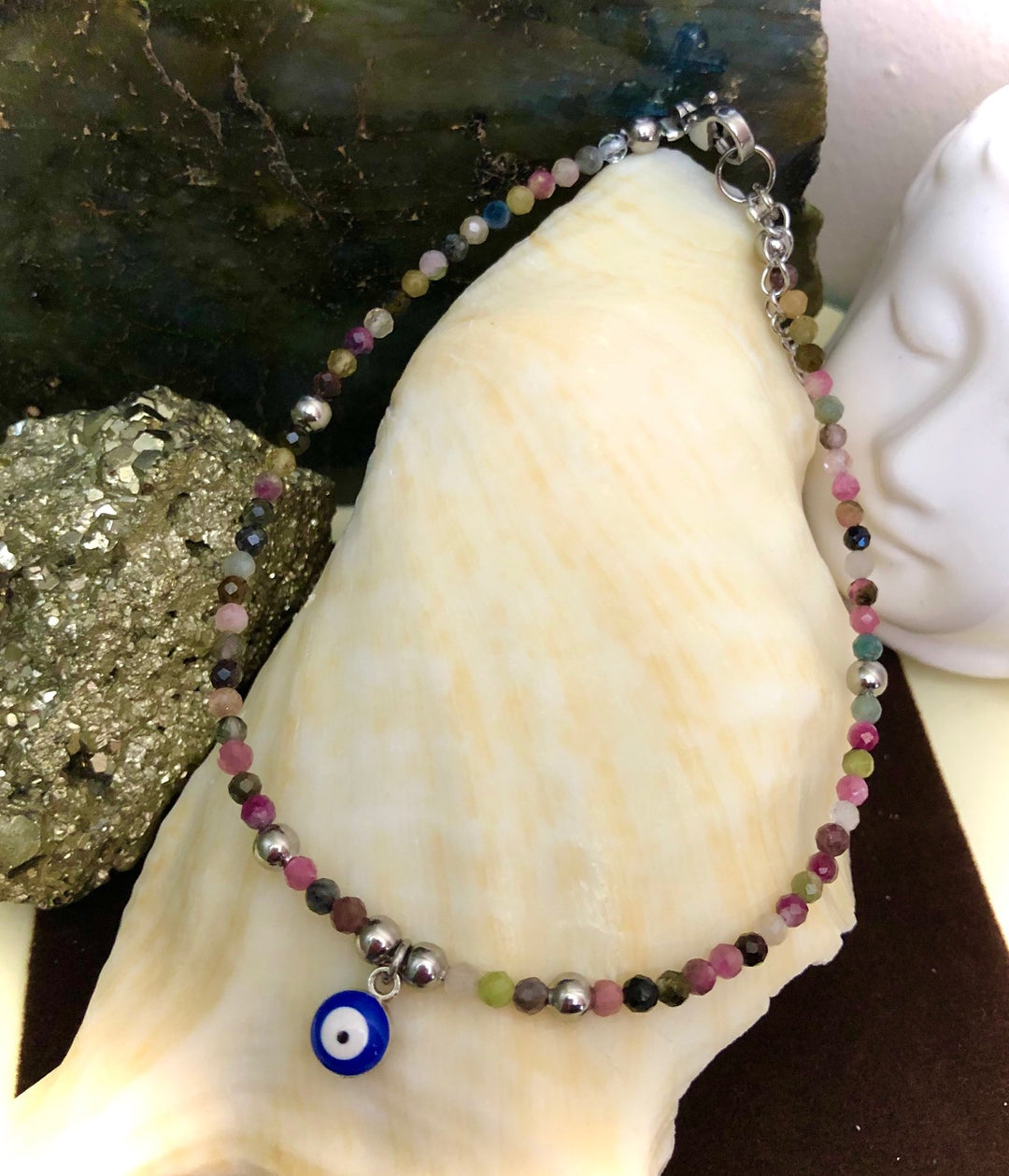 Dainty ANKLET-Multi-Color Tourmaline with Evil Eye Charm
