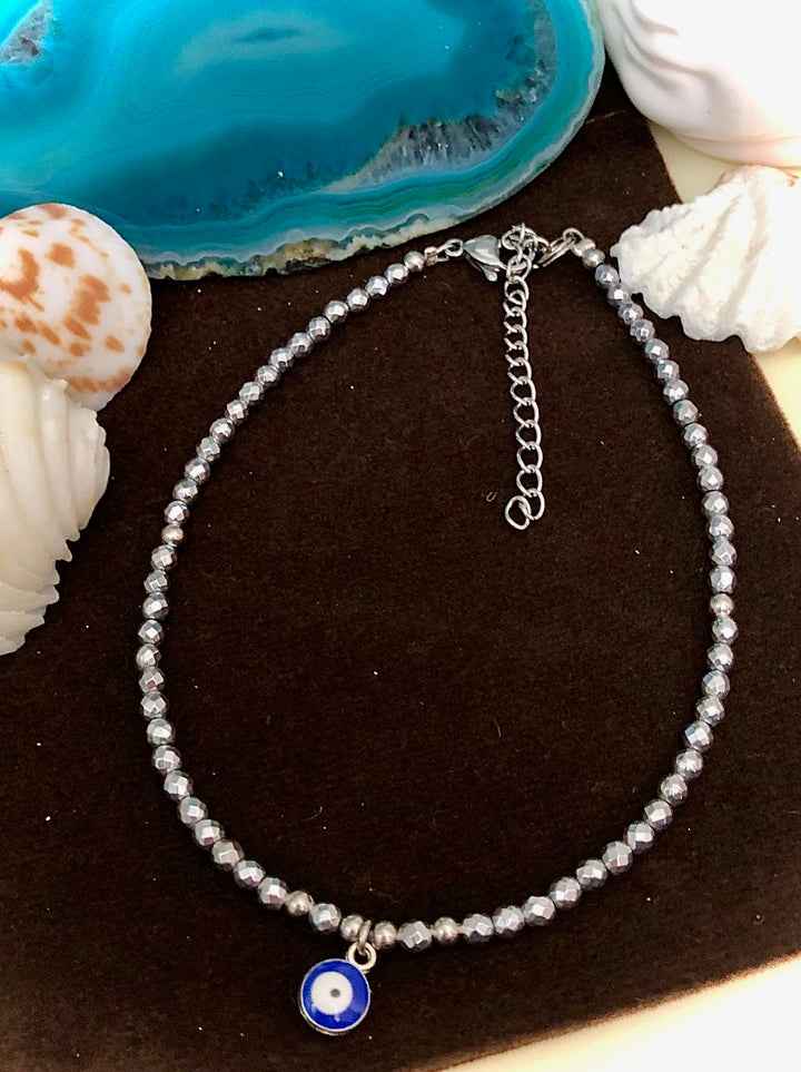 Dainty ANKLET-Silver-toned Hematite Gemstone Anklet with Evil Eye Charm