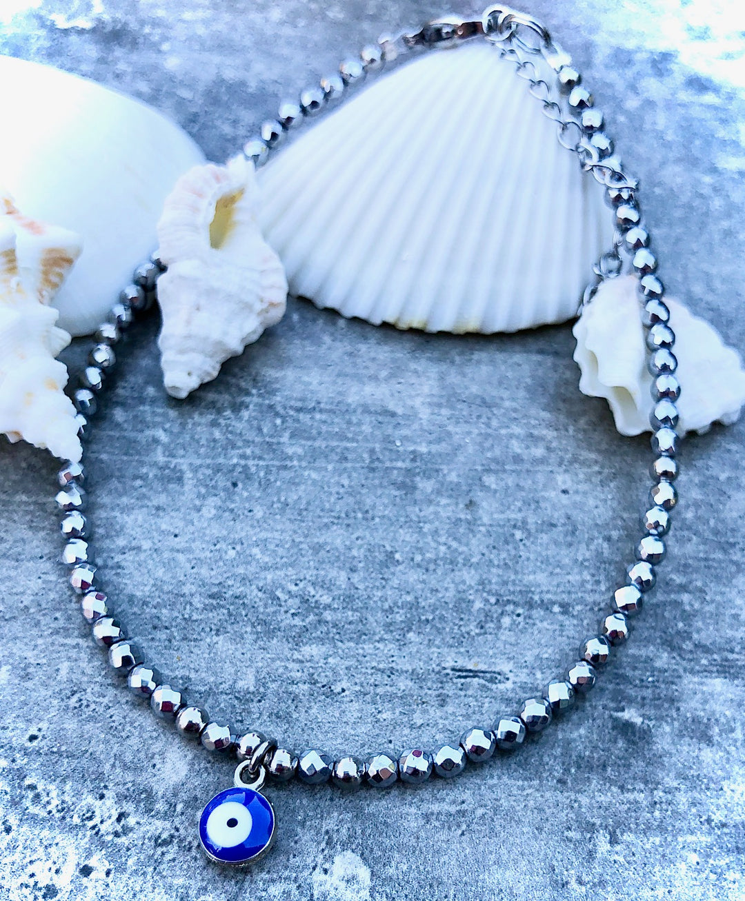 Dainty ANKLET-Silver-toned Hematite Gemstone Anklet with Evil Eye Charm