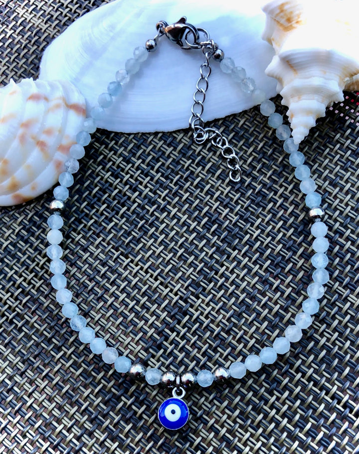 Dainty ANKLET-Aquamarine Gemstone Anklet with Evil Eye Charm