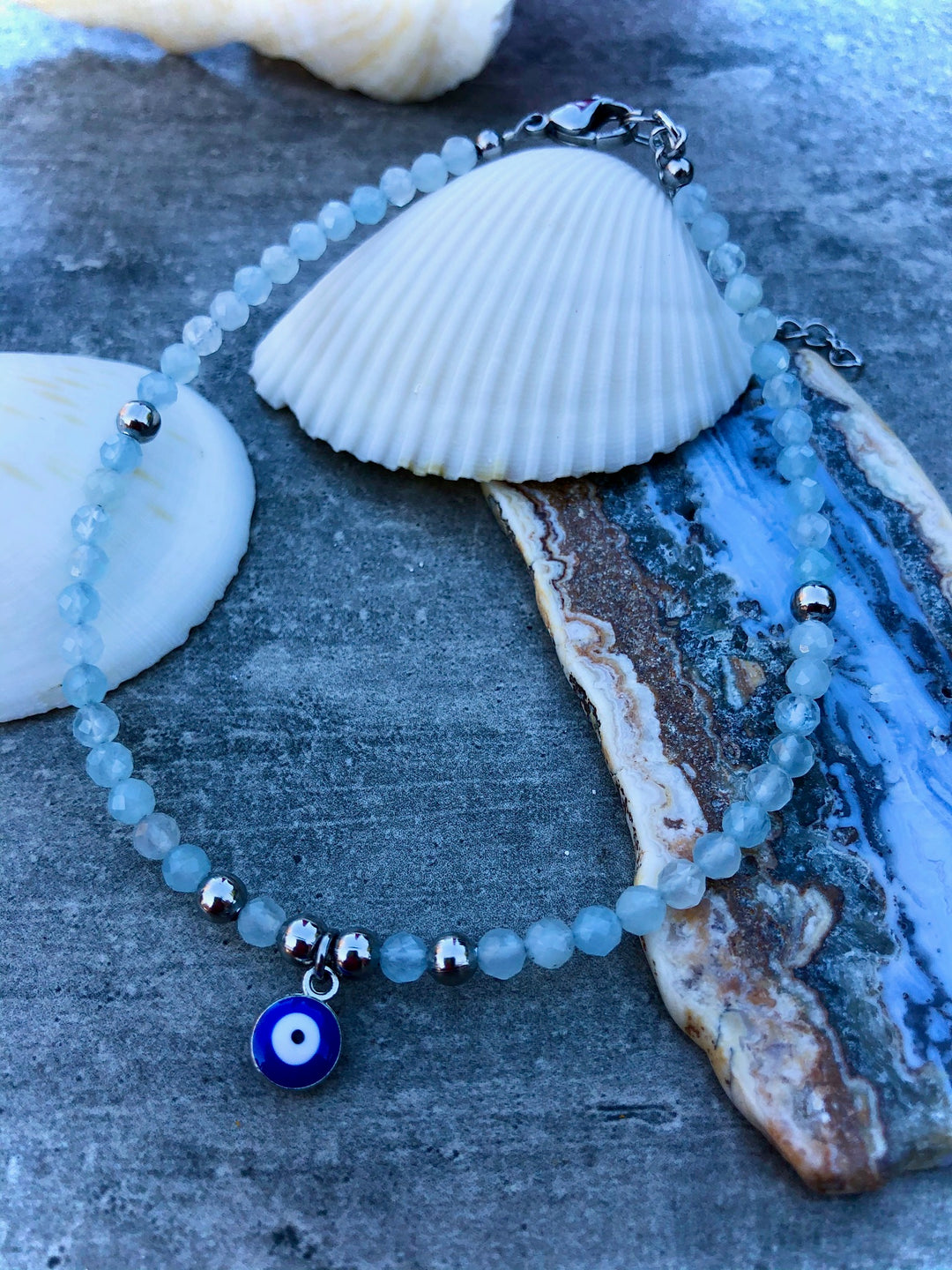 Dainty ANKLET-Aquamarine Gemstone Anklet with Evil Eye Charm