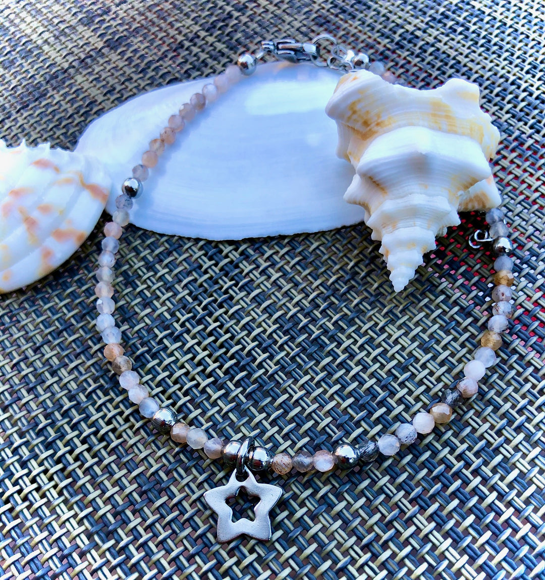 Dainty Multi-Color Moonstone ANKLET-Minimalist-June Birthstone- Gemstone Anklet with Star Charm