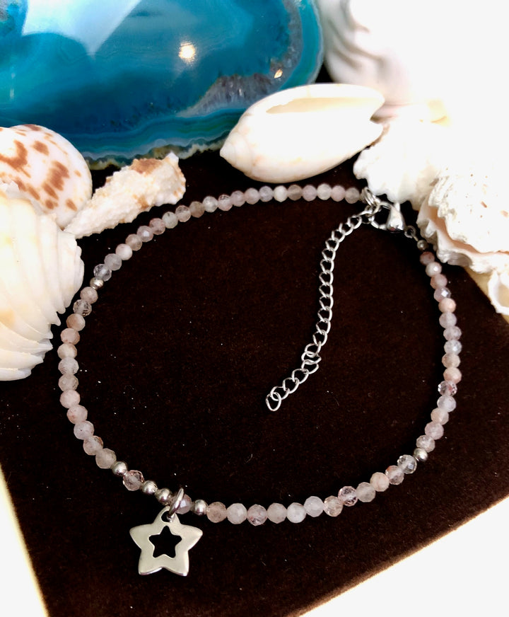 Dainty Sunstone ANKLET-Minimalist Ankle Bracelet with Star Charm