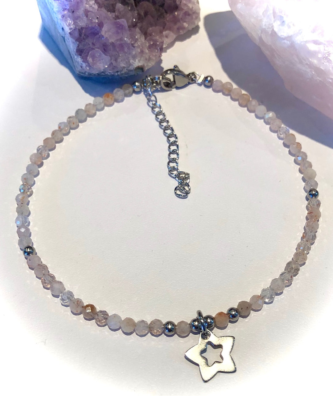 Dainty Sunstone ANKLET-Minimalist Ankle Bracelet with Star Charm