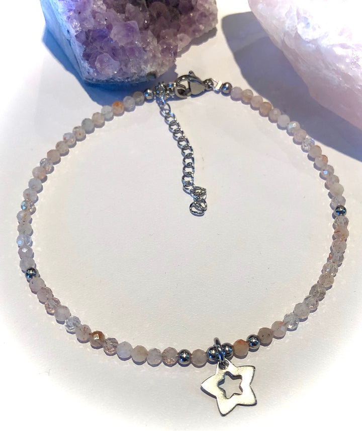 Dainty Sunstone ANKLET-Minimalist Ankle Bracelet with Star Charm