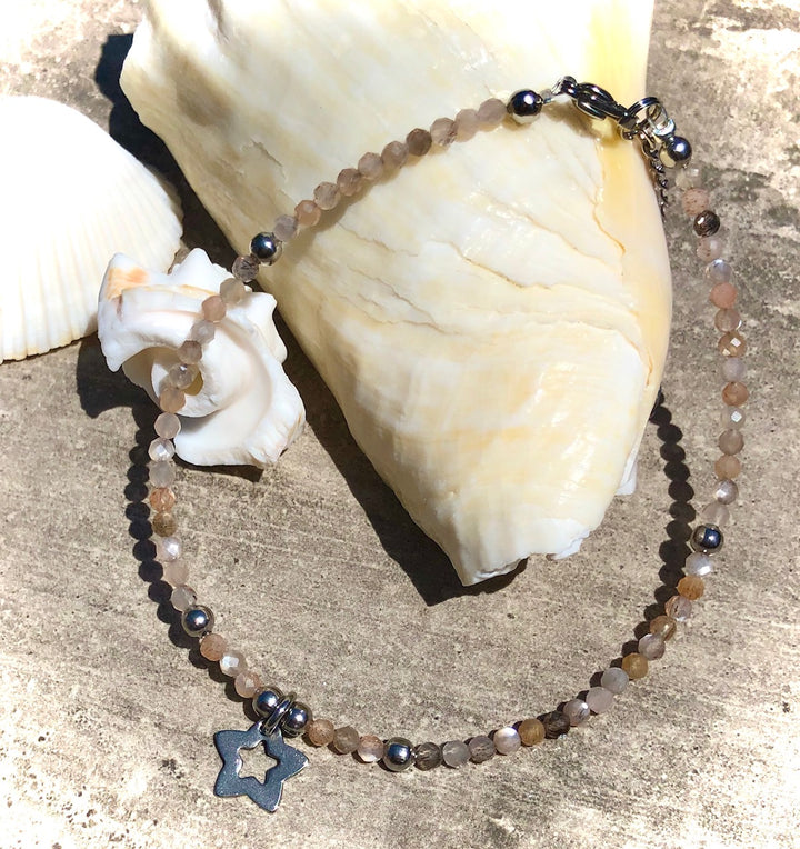 Dainty Multi-Color Moonstone ANKLET-Minimalist-June Birthstone- Gemstone Anklet with Star Charm