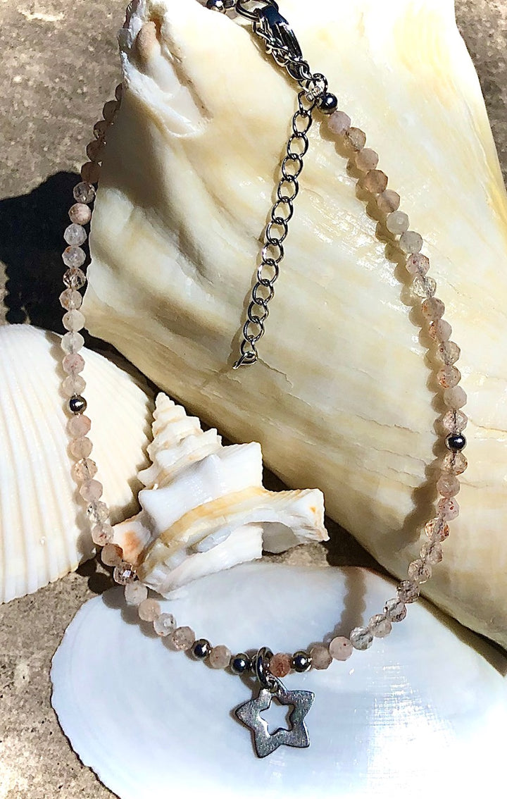 Dainty Sunstone ANKLET-Minimalist Ankle Bracelet with Star Charm