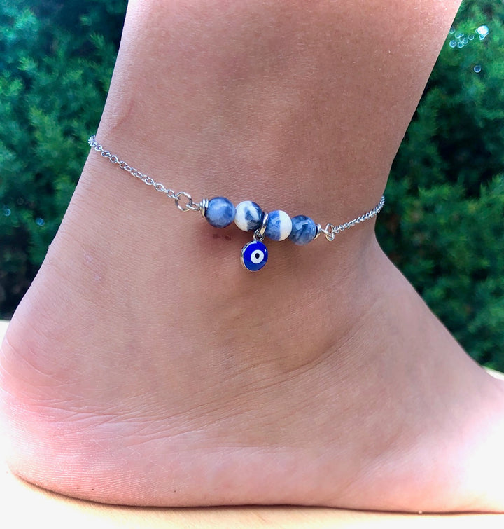 Dainty Evil Eye & Sodalite ANKLET-Minimalist Gemstone Ankle Bracelet-Stainless Steel