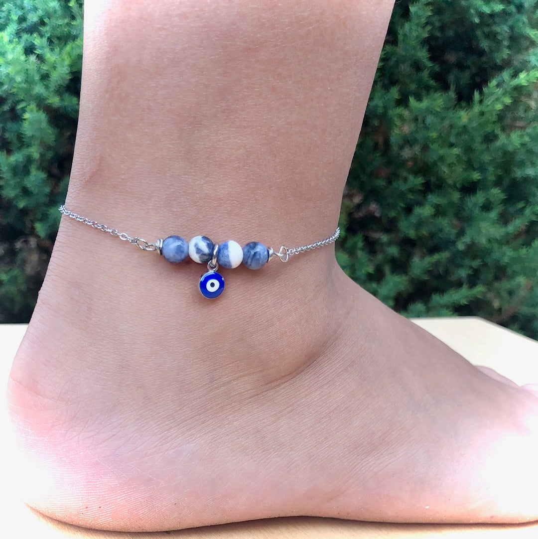 Dainty Evil Eye & Sodalite ANKLET-Minimalist Gemstone Ankle Bracelet-Stainless Steel
