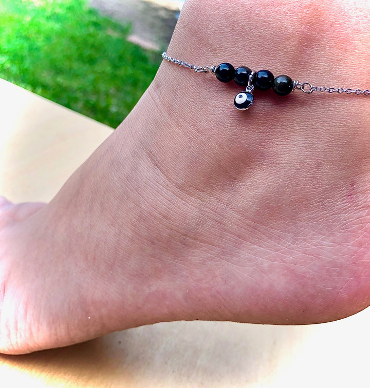 Dainty Evil Eye Gold Obsidian ANKLET-Minimalist Gemstone Ankle Bracelet-Stainless Steel