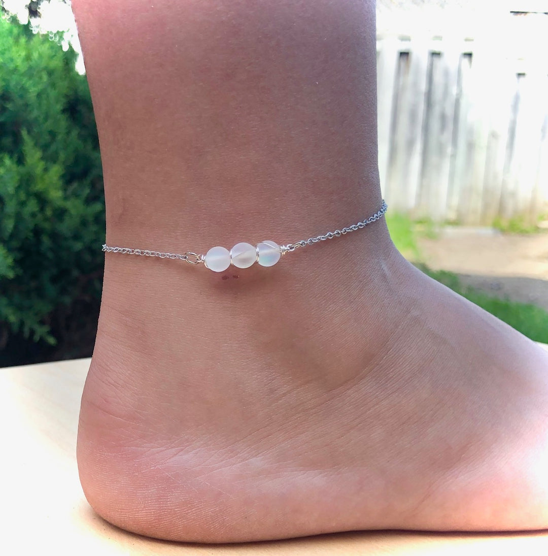 Dainty White Angel Aura Quartz ANKLET-Minimalist Gemstone Ankle Bracelet-Stainless Steel