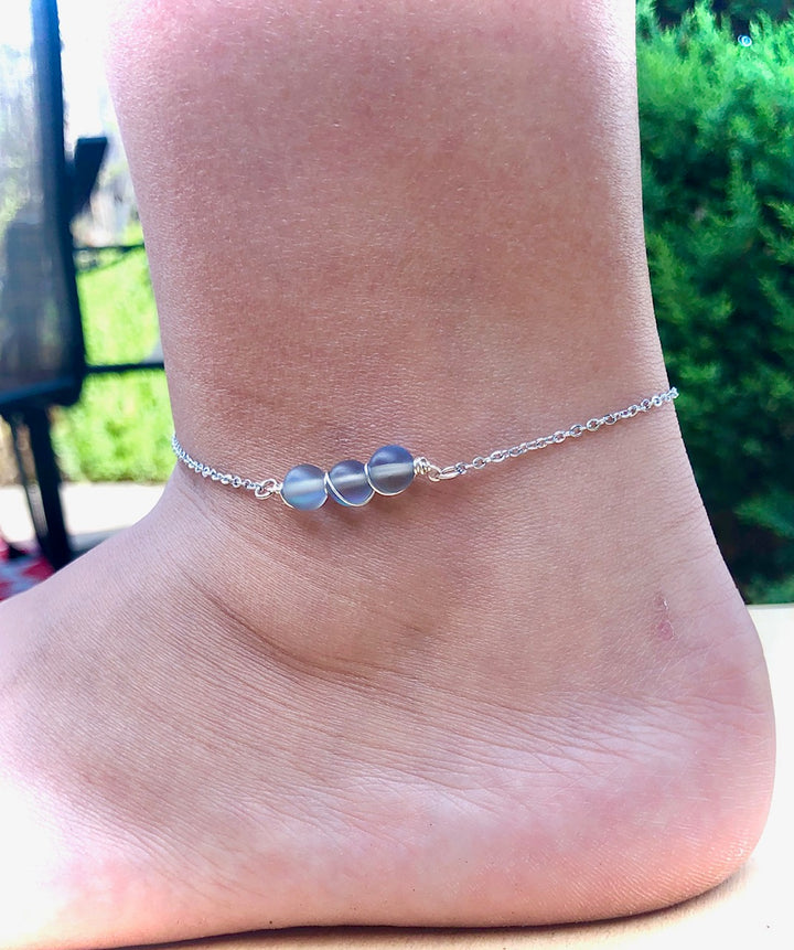 Dainty Grey Angel Aura Quartz ANKLET-Minimalist Gemstone Ankle Bracelet-Stainless Steel